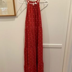 Raspberry polka dot tiered maxi dress